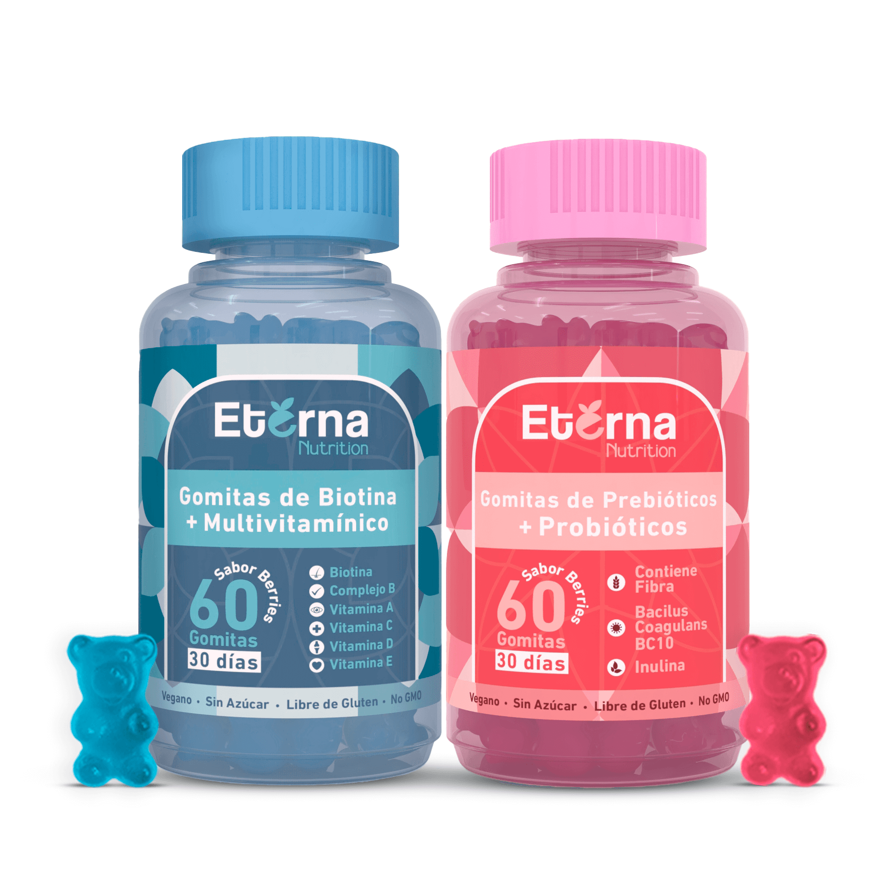 gomitas de biotina con multivitamínicos y gomitas de probióticos con prebioticos desde el frente