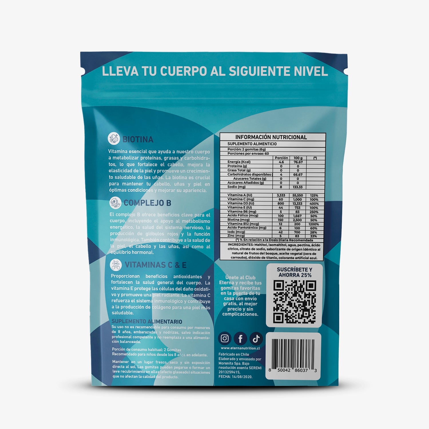 Bolsa de 120 gomitas de biotina con multivitamínico eterna nutrition vista trasera