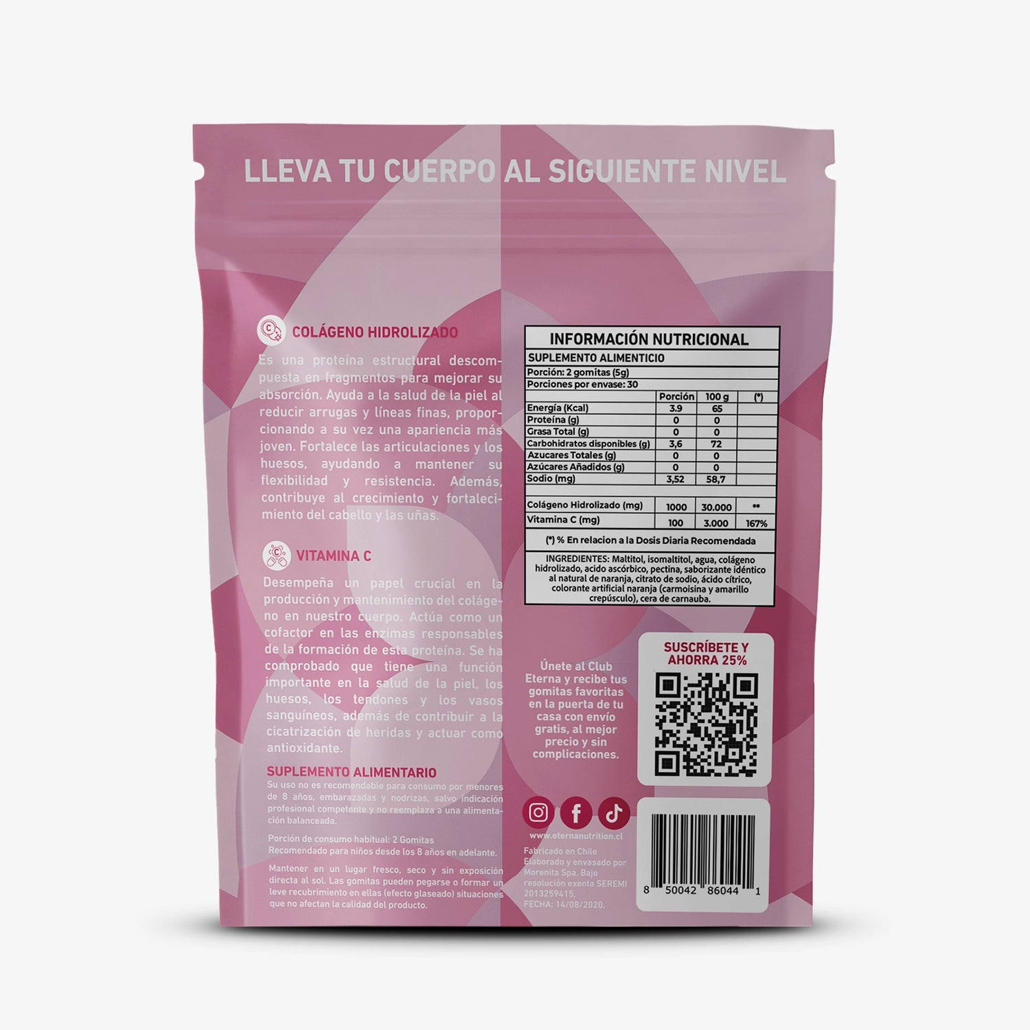 Bolsa de 120 Gomitas de Colágeno con Vitamina C Eterna Nutrition vista trasera