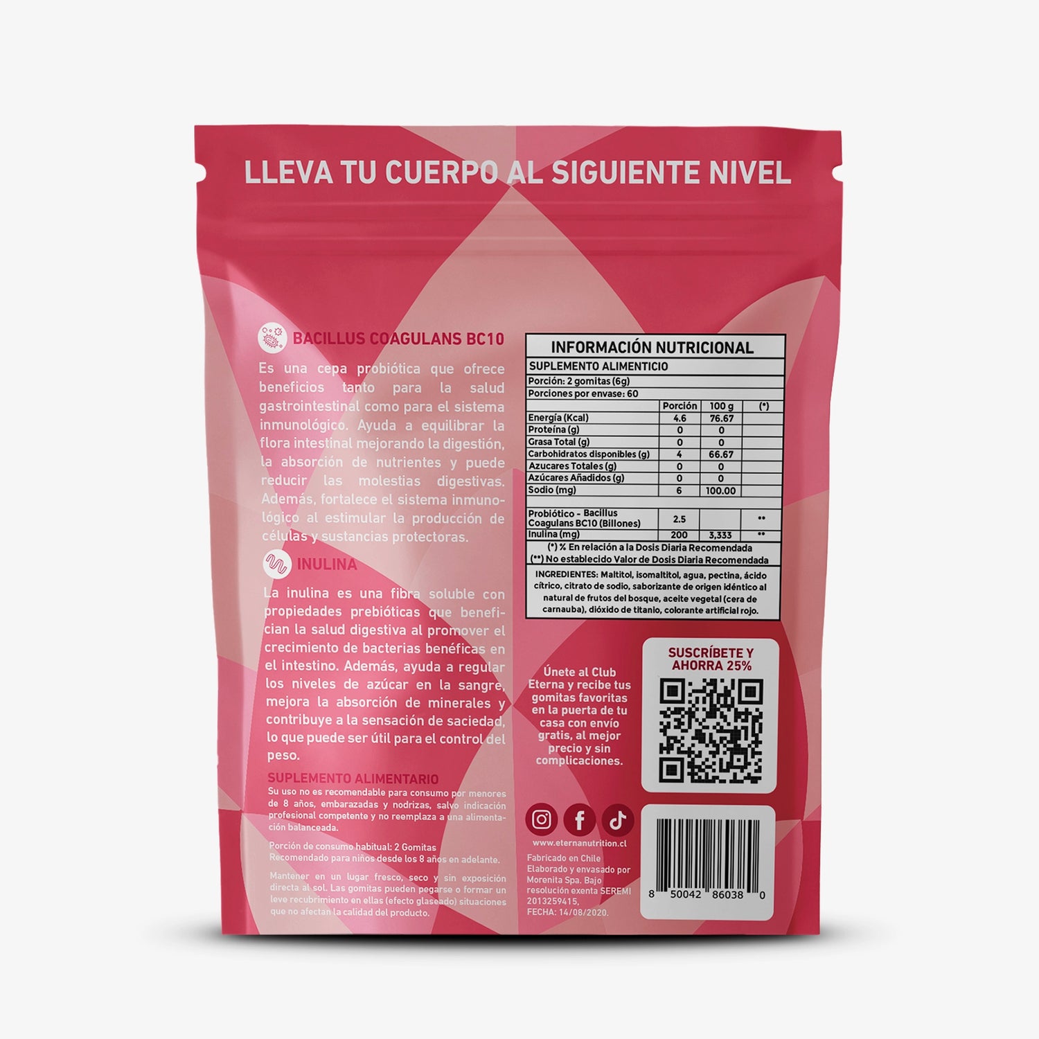 Bolsa de 120 Gomitas de Probióticos con Prebióticos Eterna Nutrition vista trasera