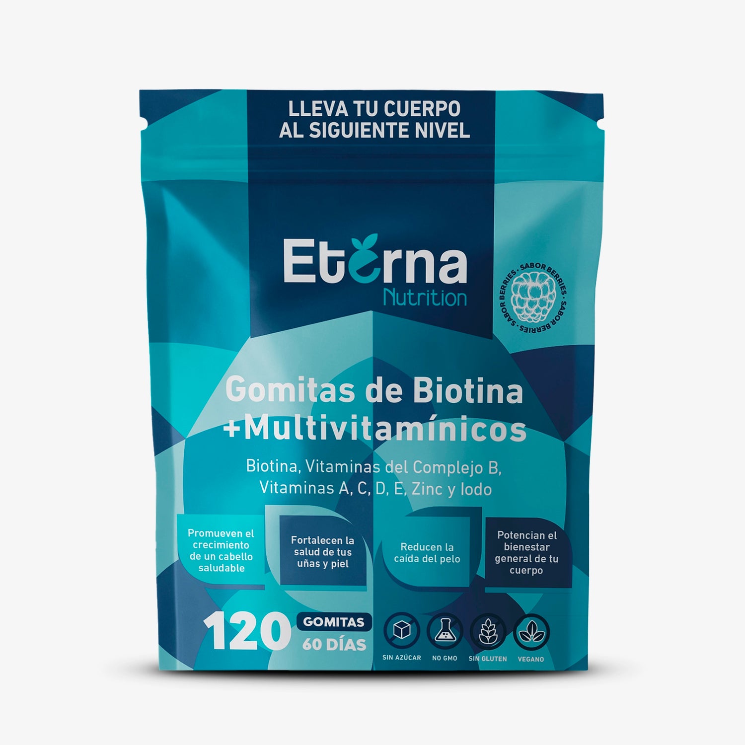 Bolsa de 120 gomitas de biotina con multivitamínico eterna nutrition vista frontal