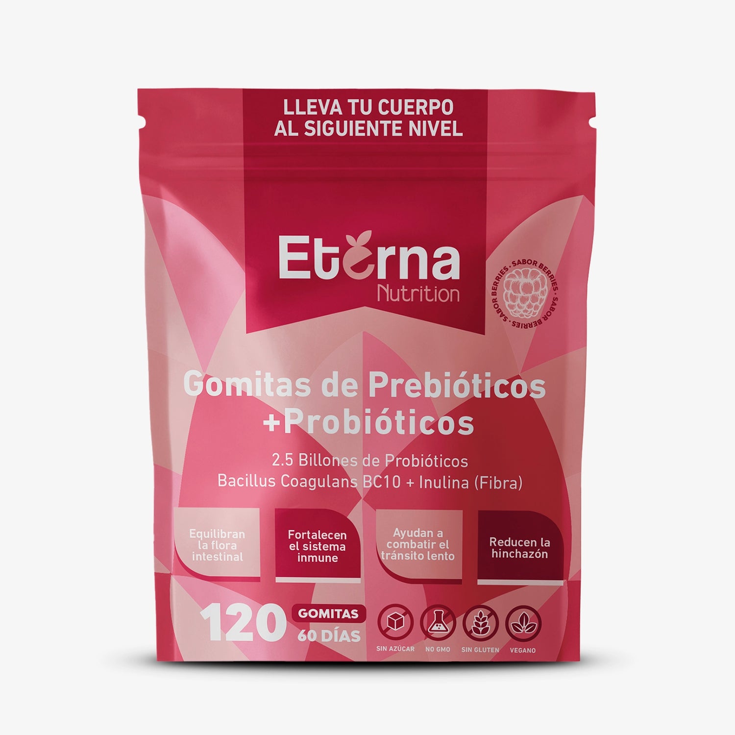 Bolsa de 120 Gomitas de Probióticos con Prebióticos Eterna Nutrition vista frontal